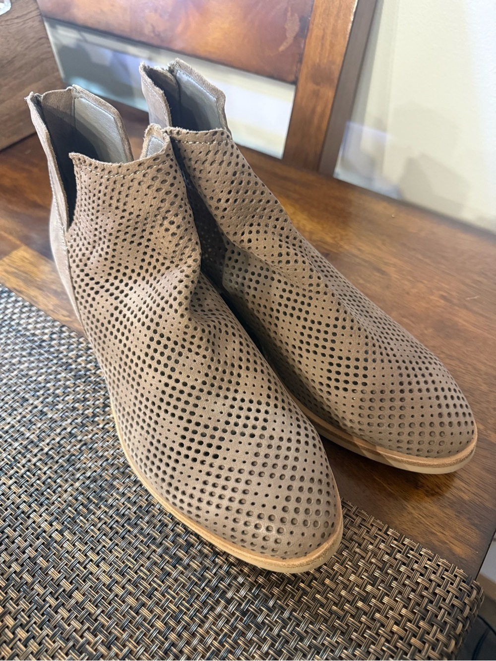 Dolce Vita Perforated Leather Ankle Boots Taupe Brown Zip Booties